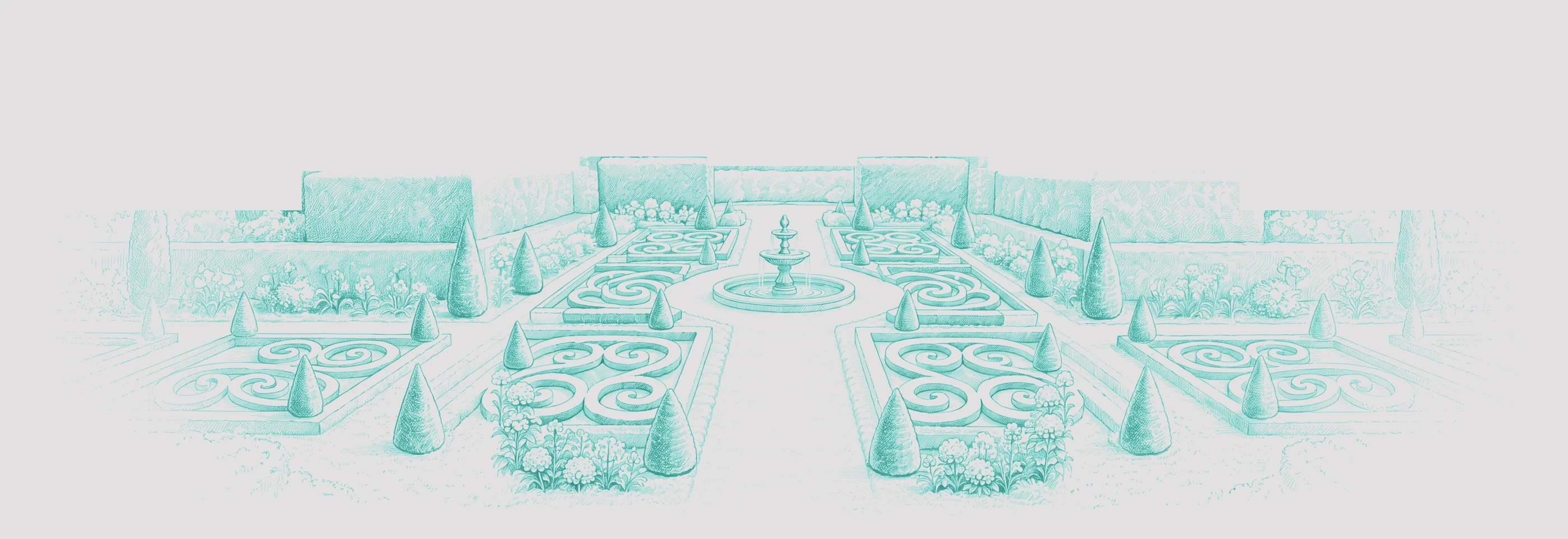 A wide pen-and-ink drawing in Tiffany blue of a French formal garden: the fountain at the end of the central walk, scroll beds and clipped cones spreading out to both sides and fading into the page