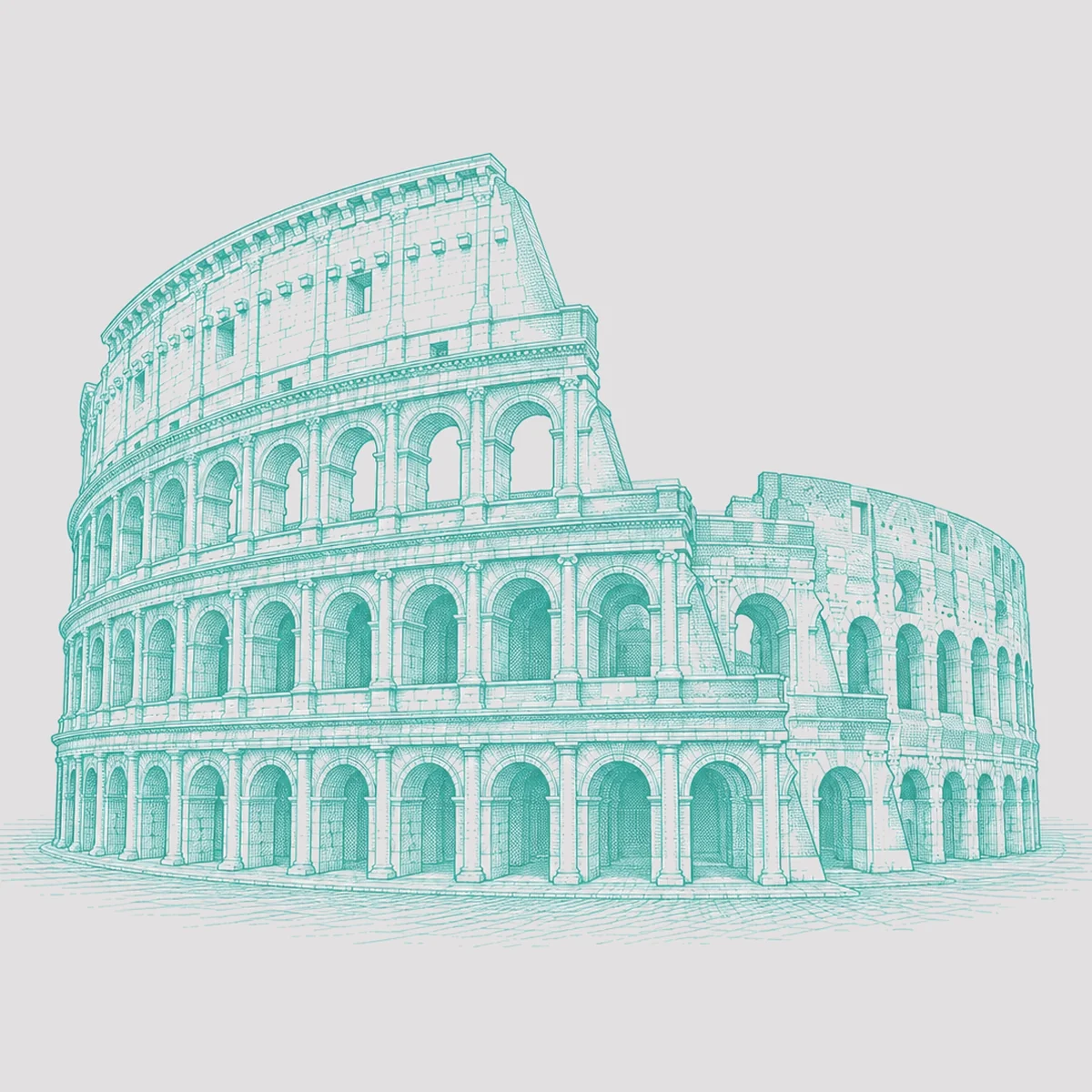 A pen-and-ink drawing in Tiffany blue of the Colosseum in Rome